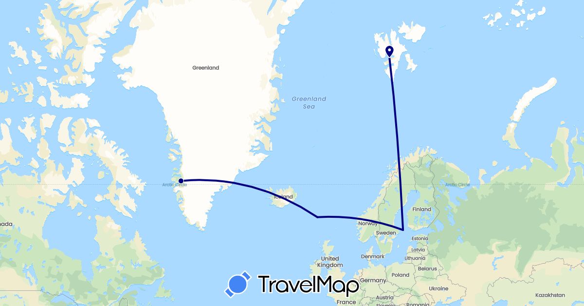 TravelMap itinerary: driving, plane in Finland, Faroe Islands, Greenland, Norway (Europe, North America)